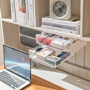 submatches Under Desk Drawer Organizer Slide Out, Hidden Self- adhesive Under Desk Storage Drawer with 2 Layers, Add a Drawer Under Table Storage Pencil Drawer for Office/Classroom/Home, White