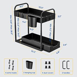 KPHALTH Under Sink Organizer Adjustable Height Under Sink Organizers and Storage 2-Tier Under Cabinet Storage Bathroom Organizer Sliding Drawer with Hooks Hanging Cup Kitchen Storage (Black-2 Pack)