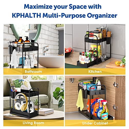 KPHALTH Under Sink Organizer Adjustable Height Under Sink Organizers and Storage 2-Tier Under Cabinet Storage Bathroom Organizer Sliding Drawer with Hooks Hanging Cup Kitchen Storage (Black-2 Pack)