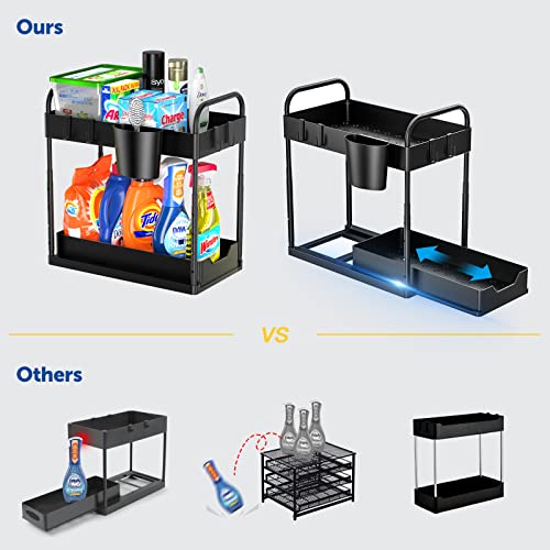 KPHALTH Under Sink Organizer Adjustable Height Under Sink Organizers and Storage 2-Tier Under Cabinet Storage Bathroom Organizer Sliding Drawer with Hooks Hanging Cup Kitchen Storage (Black-2 Pack)