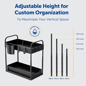 KPHALTH Under Sink Organizer Adjustable Height Under Sink Organizers and Storage 2-Tier Under Cabinet Storage Bathroom Organizer Sliding Drawer with Hooks Hanging Cup Kitchen Storage (Black-2 Pack)