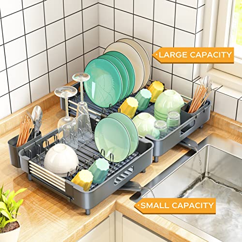 Dish Drying Rack, Kitchen Dish Drainer Rack, Expandable(13.2"-19.7") Stainless Steel Sink Organizer Dish Rack and Drainboard Set with Utensil Holder Cups Holder for Kitchen Counter