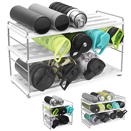 Expandable Water Bottle Storage Organizer, Height & Width Adjustable Cup Organizer For Cabinet, Water Bottle Holder Rack For Kitchen Countertop, Pantry, Fridge, Freezer - (3 Tier 10.6 To 16.5"L)