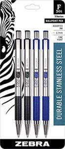 zebra pens fine point f 301, combo pack of 2 black ink & 2 blue ink metal pens (total of 4 pens), ballpoint stainless steel retractable 0.7mm fine point ink pens