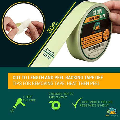 LetsCampsie Glow in The Dark Tape – 30ft x 1inch – Premium Industrial Grade Interior and Exterior Luminous Glow Tape to Help See Objects at Night and Outdoors