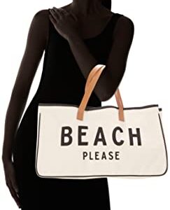 Santa Barbara Design Studio Tote Bag Hold Everything Collection Black and White 100% Cotton Canvas with Genuine Leather Handles, Large, Beach Please