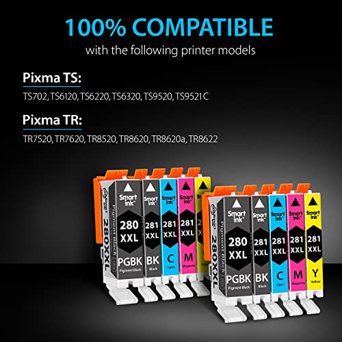 Smart Ink Compatible Ink Cartridge Replacement for Canon 280 281 PGI-280XXL CLI-281XXL (10 Combo Pack) to use with Pixma TR8520 TS9120 TS6120 TR8620 TR8620a TS6320 TR7520 TS6220 (PGBK & BK/C/M/Y)