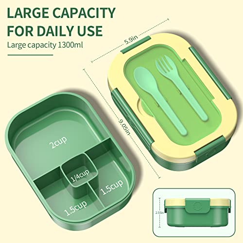 TEVIKE Bento Box for Kids, 1300ML Bento Lunch Box Food Storage Container with Fork & Spoon, BPA Free, Microwave/Dishwasher Freezer/Refrigerator Safe, Food-Safe Materials (Layered Green)