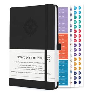 smart planner pro – small 8.6 x 5.7 inches (a5) – undated agenda daily planner – tested & proven to achieve goals & increase productivity, time management & happiness with weekly, monthly, gratitude sections, back pocket (black)