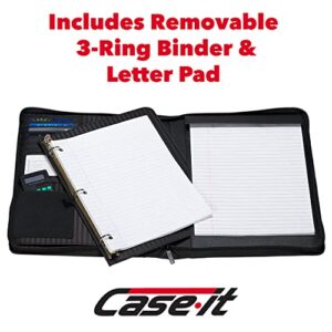 Case-it Executive Zippered Padfolio with Removable 3-Ring Binder and Letter Size Writing Pad, Black (PAD-40)