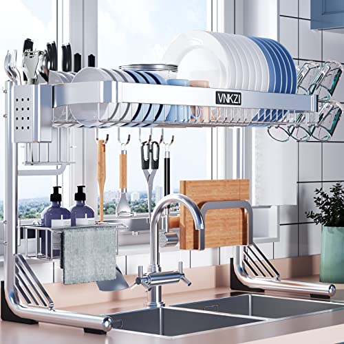 VNKZI Over Sink Dish Drying Rack, 2 Tier Full Stainless Steel Storage Adjustable Length (25.98''~36.61'') Kitchen Rack, Multifunctional Expandable Counter Organizer Shelf, Space Saver Dish Rack