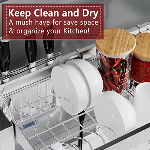 VNKZI Over Sink Dish Drying Rack, 2 Tier Full Stainless Steel Storage Adjustable Length (25.98''~36.61'') Kitchen Rack, Multifunctional Expandable Counter Organizer Shelf, Space Saver Dish Rack