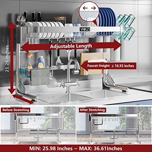 VNKZI Over Sink Dish Drying Rack, 2 Tier Full Stainless Steel Storage Adjustable Length (25.98''~36.61'') Kitchen Rack, Multifunctional Expandable Counter Organizer Shelf, Space Saver Dish Rack