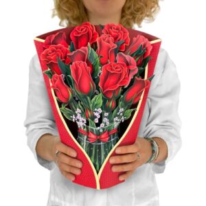 freshcut paper pop up cards, red roses, 12 inch life sized forever flower bouquet 3d popup paper flower anniversary greeting cards with note card and envelope