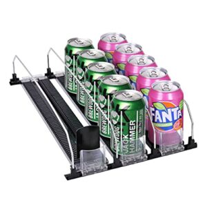 soda can organizer for refrigerator, self-pushing drink organizer for fridge, width ajustable drink dispenser for fridge glide, holds up to 15 cans (12-20oz)
