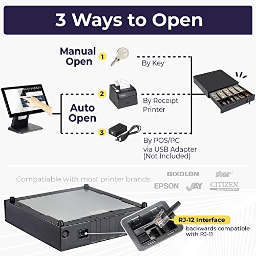 Cash Register Drawer for Point of Sale (POS) System, 5 Bill/7 Coin, 16" with Adjustable Coin Slots, 24V, RJ11/RJ12 Key-Lock, Media Slot, Black