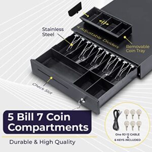 Cash Register Drawer for Point of Sale (POS) System, 5 Bill/7 Coin, 16" with Adjustable Coin Slots, 24V, RJ11/RJ12 Key-Lock, Media Slot, Black