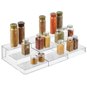 mdesign plastic spice and food kitchen expandable cabinet shelf organizer – 3 tier storage – modern compact caddy rack – holds spices/herb bottles, jars – for shelves, cupboards, refrigerator – clear