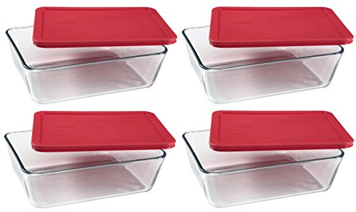 PYREX Containers Simply Store 6-cup Rectangular Glass Food Storage Red Plastic Covers ... (Pack of 4 Containers)