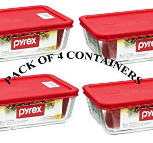 PYREX Containers Simply Store 6-cup Rectangular Glass Food Storage Red Plastic Covers ... (Pack of 4 Containers)