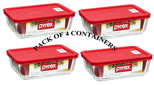 PYREX Containers Simply Store 6-cup Rectangular Glass Food Storage Red Plastic Covers ... (Pack of 4 Containers)