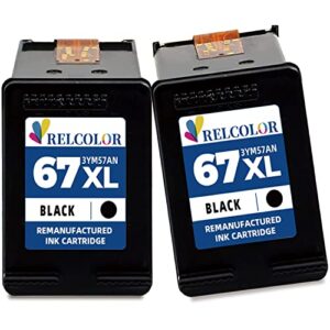 Relcolor Remanufactured HP 67XL 67 XL Black 2 Pack Ink Cartridge for 2700 2700e 2752 2752e 2755 2755e 4100 4100e 4152e 4155 4155e 6000 6055e 6055 6400 6458 6452 6458e 6455 6455e Printer HP67 HP67XL