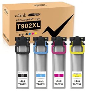 v4ink remanufactured t902xl ink pack replacement for epson 902xl t902xl (4-pack, k/c/m/y) work with epson workforce pro wf-c5210, wf-c5290, wf-c5710, wf-c5790 printers