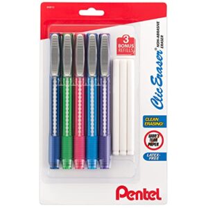pentel clic eraser, retractable eraser pen style grip – pack of 5 assorted colors with 3 refills