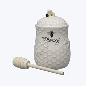 young’s inc. ceramic honey jar with wooden honey dipper – farmhouse kitchen decor – tea accessories