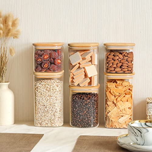 ComSaf Airtight Glass Storage Canister with Bamboo Lid (22oz/37oz/50oz) Set of 6, Clear Food Storage Container Kitchen Pantry Storage Jar for Flour Cereal Sugar Tea Coffee Beans Snacks, Square