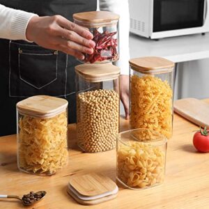 ComSaf Airtight Glass Storage Canister with Bamboo Lid (22oz/37oz/50oz) Set of 6, Clear Food Storage Container Kitchen Pantry Storage Jar for Flour Cereal Sugar Tea Coffee Beans Snacks, Square