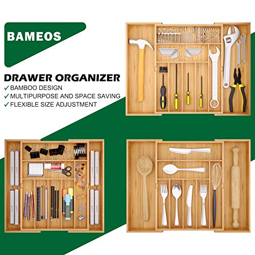 BAMEOS drawer organizer flatware organizer cutlery tray silverware organizer expandable adjustable bamboo drawer organizer kitchen bathroom