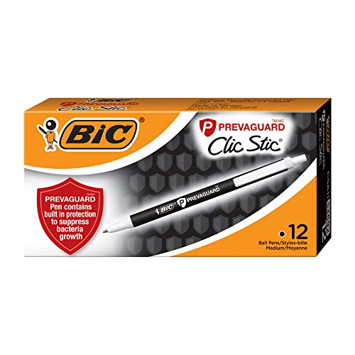 BIC PrevaGuard Clic Stic Ballpoint Pen With Built-in Protection To Suppress Bacteria Growth, Medium Point (1.0mm), Black, 12-Count