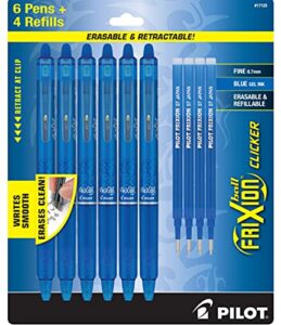 pilot frixion erasable pens – 6 pack of blue ink pens + 4 bonus refills – frixion clicker erasable pens retractable gel ink pen – fine point 0.7 mm used for rocketbook & notebook
