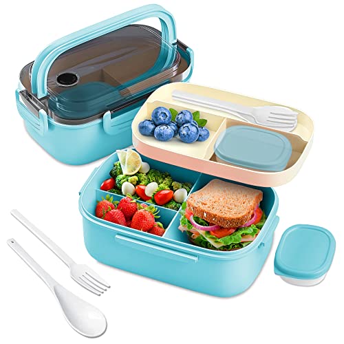 Kids Bento Box, 1.3ML Kids Lunch Box with Sauce Container and Cutlery, 6 Compartments Carrying Handle Bento Box with Bento-Style Tray, Great Bento Box Adult Lunch Box, Blue