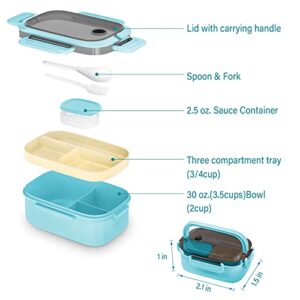 Kids Bento Box, 1.3ML Kids Lunch Box with Sauce Container and Cutlery, 6 Compartments Carrying Handle Bento Box with Bento-Style Tray, Great Bento Box Adult Lunch Box, Blue