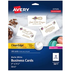 avery clean edge printable business cards with sure feed technology, 2″ x 3.5″, white, 200 blank cards for laser printers (5871)