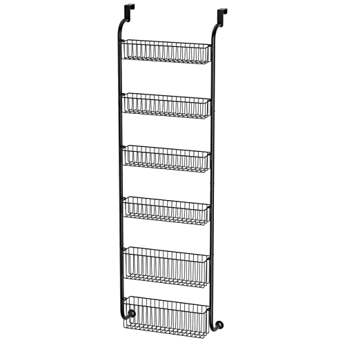 VIVSOL 6-Tier Over the Door Pantry Organizer with 4 + 2 Full Baskets, Heavy-Duty Metal Hanging Spice Rack for Pantry Door Organizer Kitchen Organizer Storage, Bathroom Organizer, Closet Storage, Black