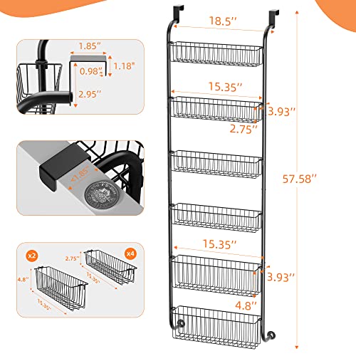 VIVSOL 6-Tier Over the Door Pantry Organizer with 4 + 2 Full Baskets, Heavy-Duty Metal Hanging Spice Rack for Pantry Door Organizer Kitchen Organizer Storage, Bathroom Organizer, Closet Storage, Black