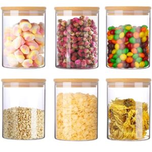 glass storage jars with airtight bamboo lid, gencywe 27 oz glass food storage jar with labels, airtight glass canisters, clear kitchen container for candy, cookie, rice, coffee beans, snacks, spices