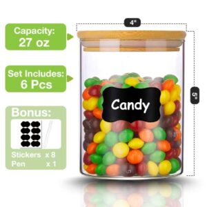 Glass Storage Jars with Airtight Bamboo Lid, Gencywe 27 OZ Glass Food Storage Jar with Labels, Airtight Glass Canisters, Clear Kitchen Container for Candy, Cookie, Rice, Coffee Beans, Snacks, Spices