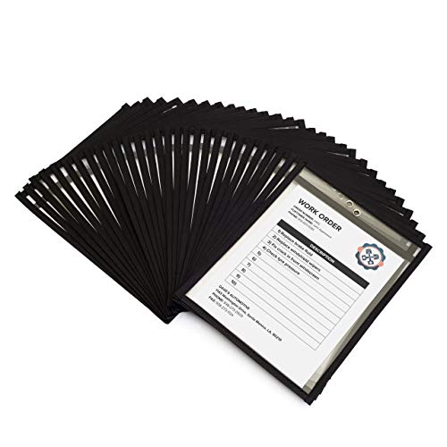 Job Ticket Holders 9x12 (30 Pack) - Dry Erase Document Holder - Shop Holder - Order Clear Black Sleeves - 8.5 x 11 Tickets - Plastic Heavy Duty Work Pocket - Hanging Sheet Protectors - Plastic Sleeves