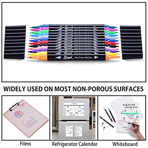 Wet Erase Markers Dual Tip, Lazgol 12 Assorted Colors, Dual Tip Brush & Ultra Fine Overhead Transparency Smudge Free Markers for Dry Erase Whiteboard, Refrigerator Calendars, Glass, Films and Any Kind of Wet Erase Surface, Erase with Water