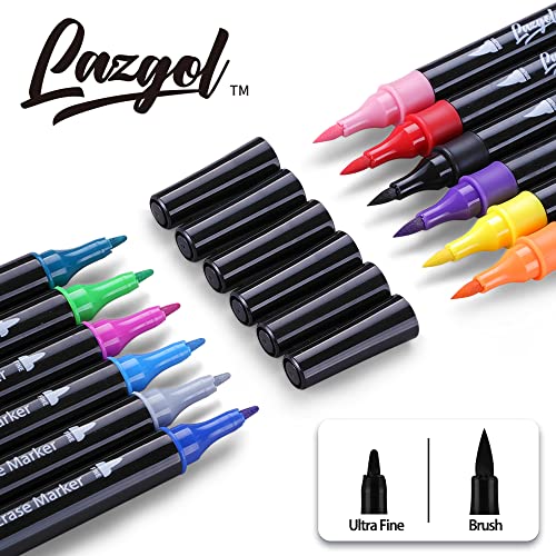 Wet Erase Markers Dual Tip, Lazgol 12 Assorted Colors, Dual Tip Brush & Ultra Fine Overhead Transparency Smudge Free Markers for Dry Erase Whiteboard, Refrigerator Calendars, Glass, Films and Any Kind of Wet Erase Surface, Erase with Water