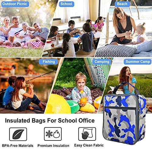 Insulated Lunch Bag, Leakproof Portable Lunch Box for Women Men Boys Girls, Large Capacity Cooler Bag with Handle and Bottle Pocket for Office School Camping Hiking Outdoor Beach Picnic (Camo Blue)