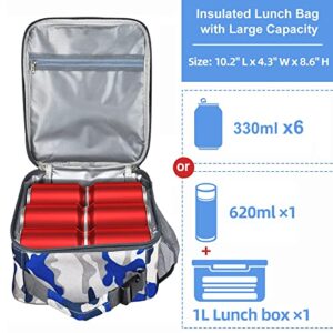 Insulated Lunch Bag, Leakproof Portable Lunch Box for Women Men Boys Girls, Large Capacity Cooler Bag with Handle and Bottle Pocket for Office School Camping Hiking Outdoor Beach Picnic (Camo Blue)