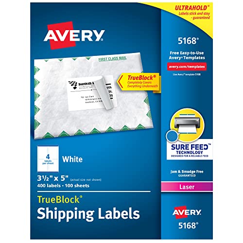 Avery Shipping Address Labels, Laser Printers, 400 Labels, 3-1/2 x 5, Permanent Adhesive, TrueBlock (5168)