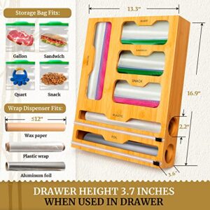 ZEMAKS Bamboo Ziplock bag organizer with foil and plastic wrap organizer for drawer with cutter, compatible with all ziplock bag sizes, any 12 inches roll and 13.5 inches wide drawer