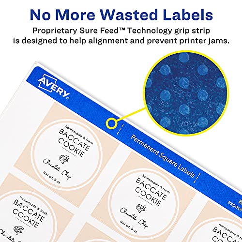 Avery Square Labels for Laser & Inkjet Printers, Sure Feed, 2" x 2", 300 White Labels (22806)