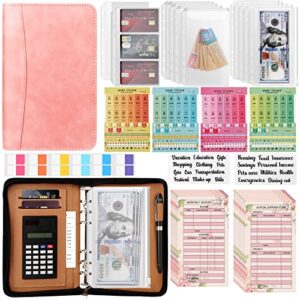 budget binder with zipper envelopes, cash envelopes for budgeting with planner a6 binder & calculator, money organizer for cash and card & sticker labels for office school home shopping (pink)